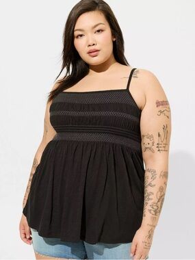 Torrid Heritage Slub Square Neck Ruched Babydoll Top Washed Black Smocked 3X